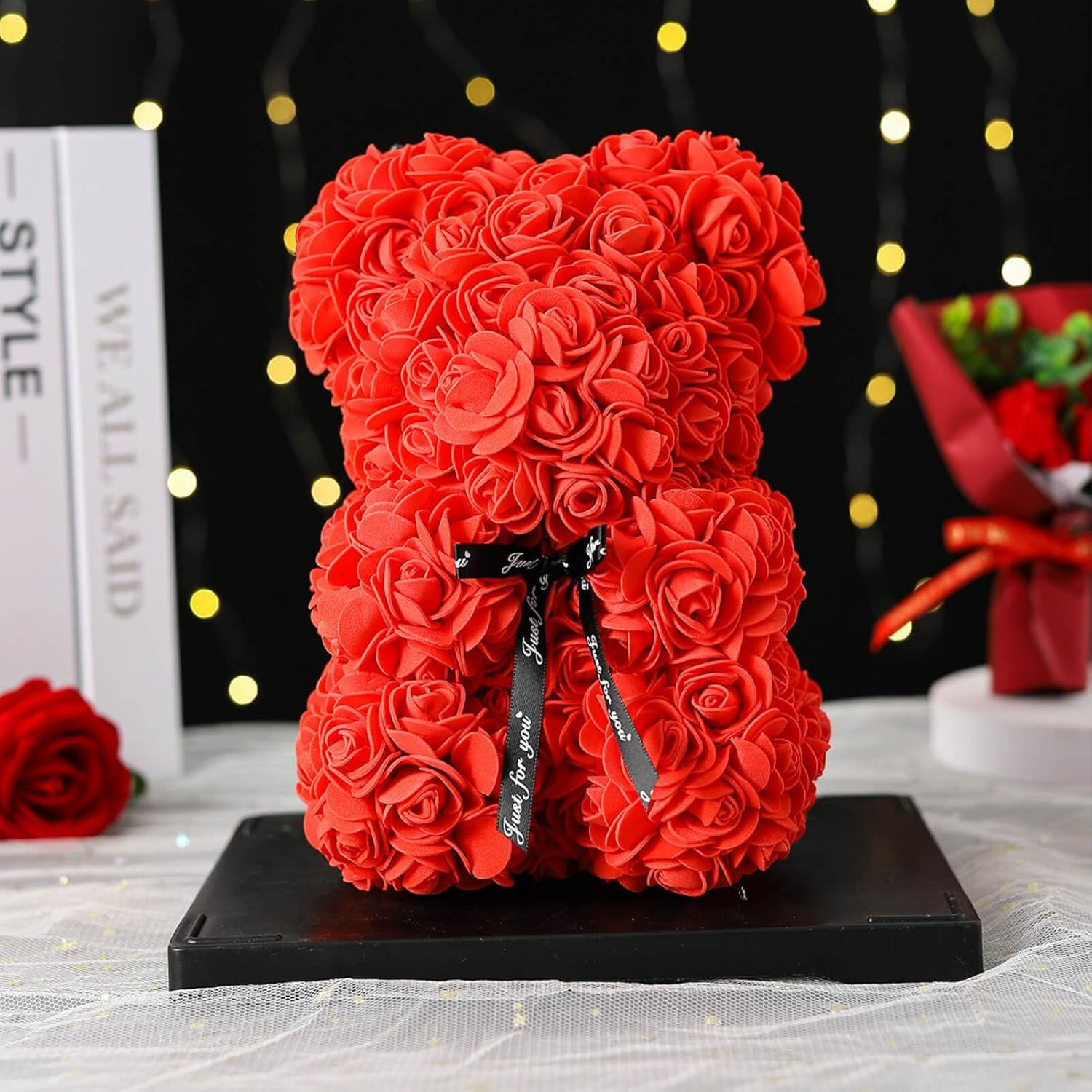 Handmade Rose Teddy Bear With Black Bow Accent-Flower Teddy Bear