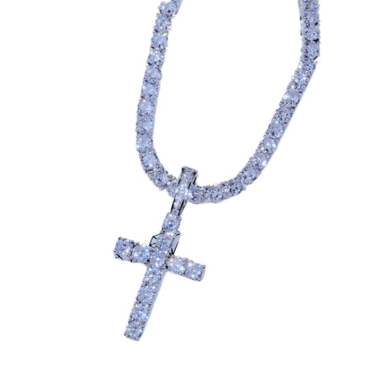 Simulated Diamond Cross Necklace-Flower Teddy Bear