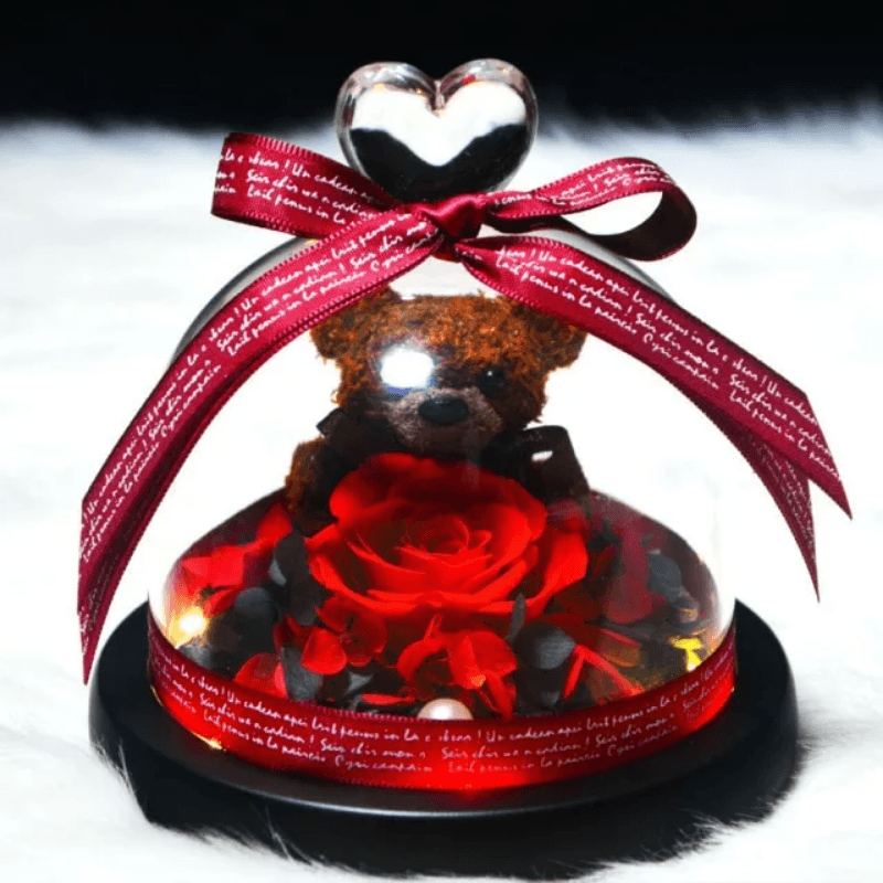 Mini Preserved Rose Bear In A Glass Dome-Flower Teddy Bear