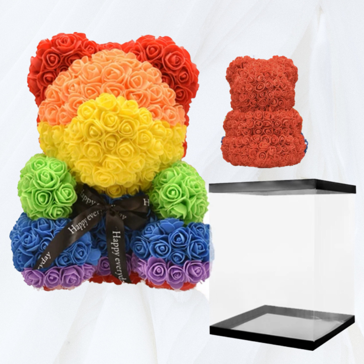 Rainbow Faux Rose Teddy Bear For Gifting-Flower Teddy Bear