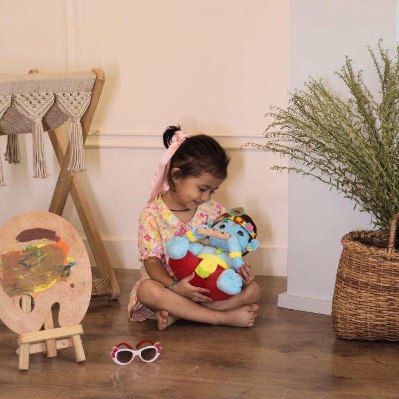 Musical Baby Krishna Plush Toy – Soft And Mantra Chanting-Flower Teddy Bear