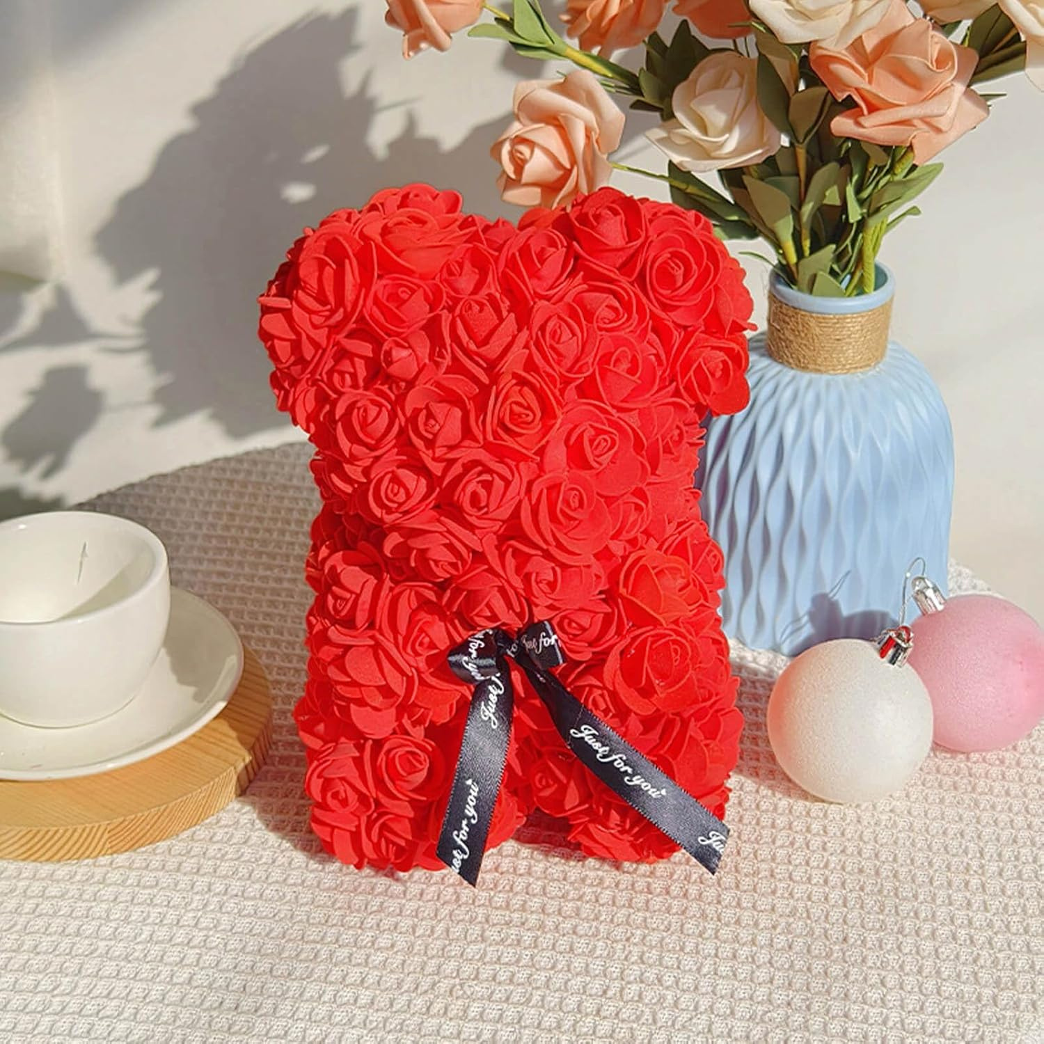 Handmade Rose Teddy Bear With Black Bow Accent-Flower Teddy Bear