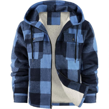 Men Plaid Flannel Jacket With Sherpa Lining And Winter Zip Up Hoodie Coat