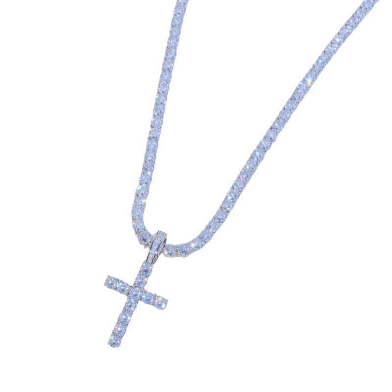 Simulated Diamond Cross Necklace-Flower Teddy Bear