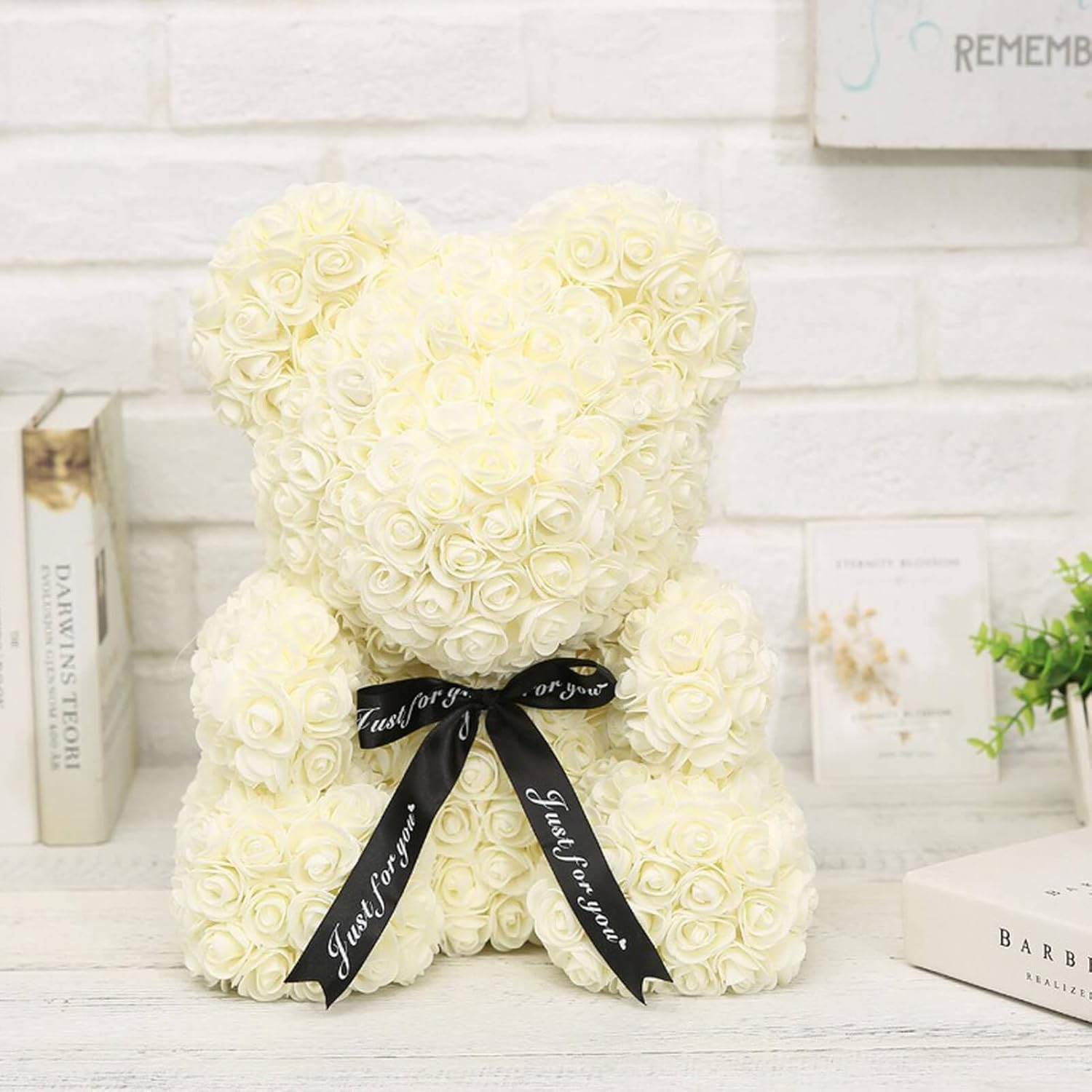 Handmade Rose Teddy Bear With Black Bow Accent-Flower Teddy Bear