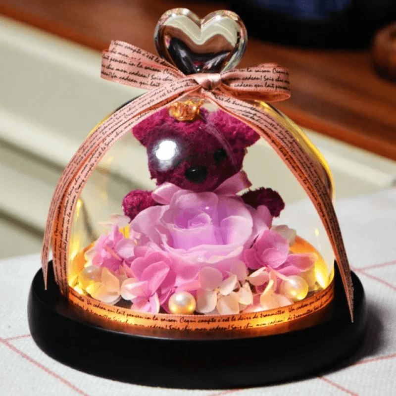 Mini Preserved Rose Bear In A Glass Dome-Flower Teddy Bear