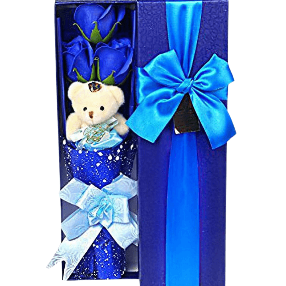 Soap Rose Bouquet - With Teddy Bear Wrapped In Gift Box-Flower Teddy Bear