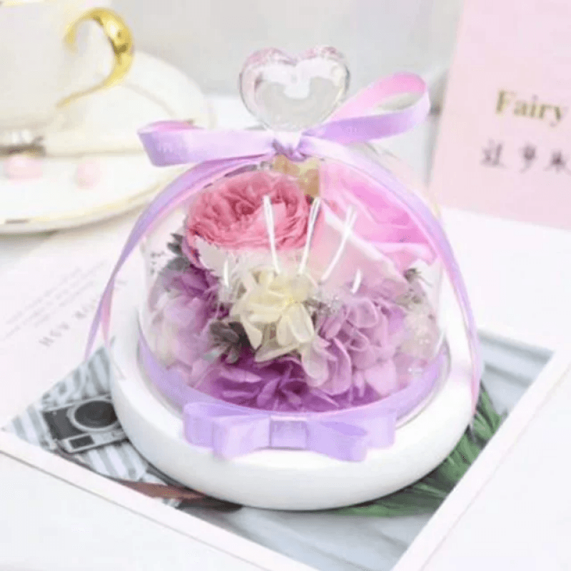 Mini Preserved Rose Bouquet Dome-Flower Teddy Bear