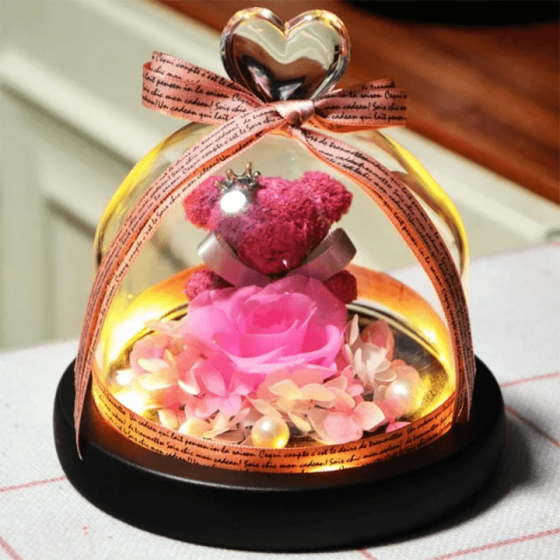 Mini Preserved Rose Bear In A Glass Dome-Flower Teddy Bear