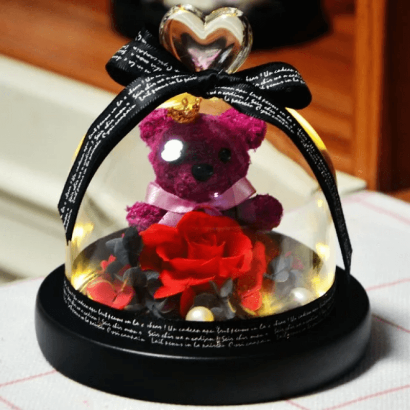 Mini Preserved Rose Bear In A Glass Dome-Flower Teddy Bear