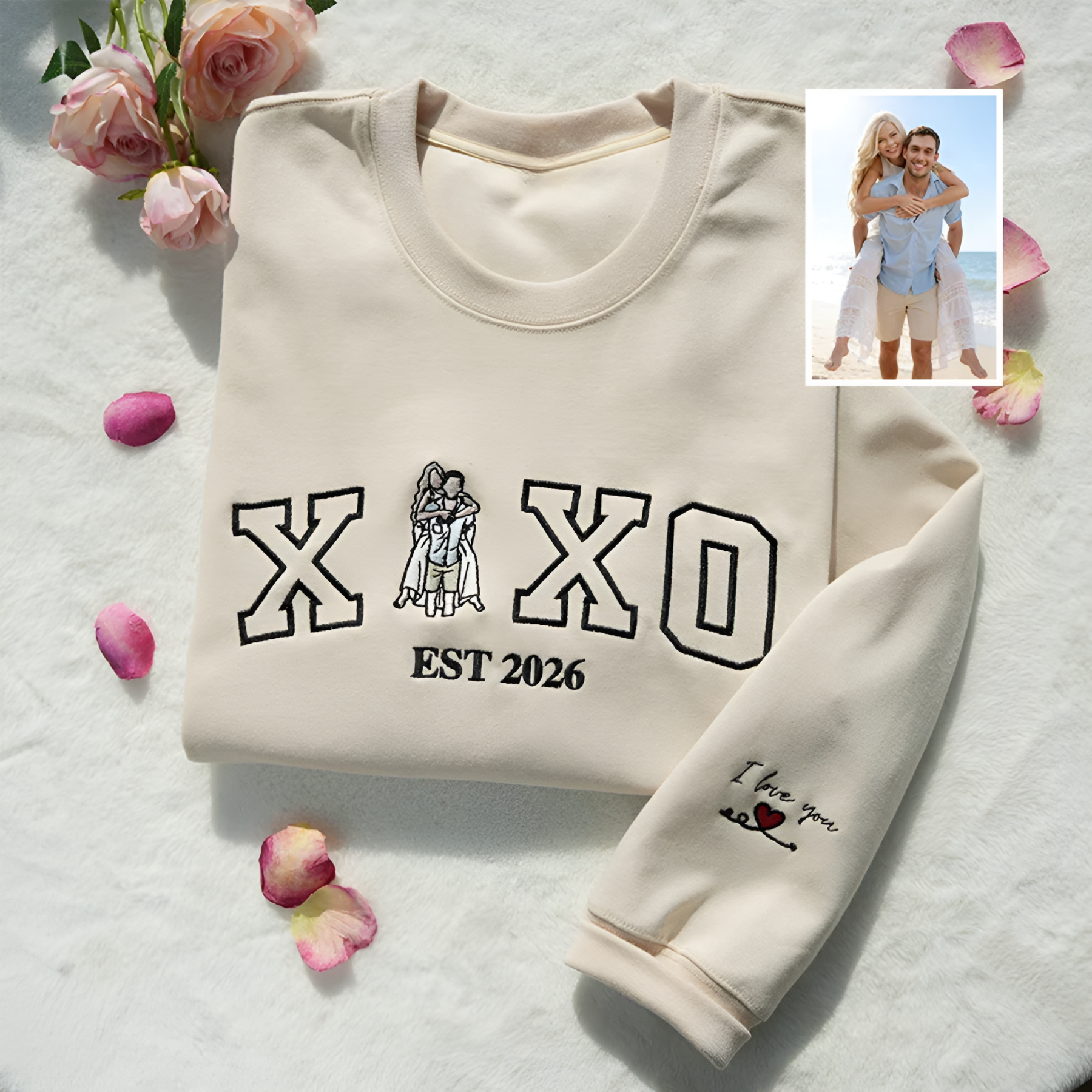 Personalized Photo Couple EST Year Embroidered Sweatshirt And Hoodie