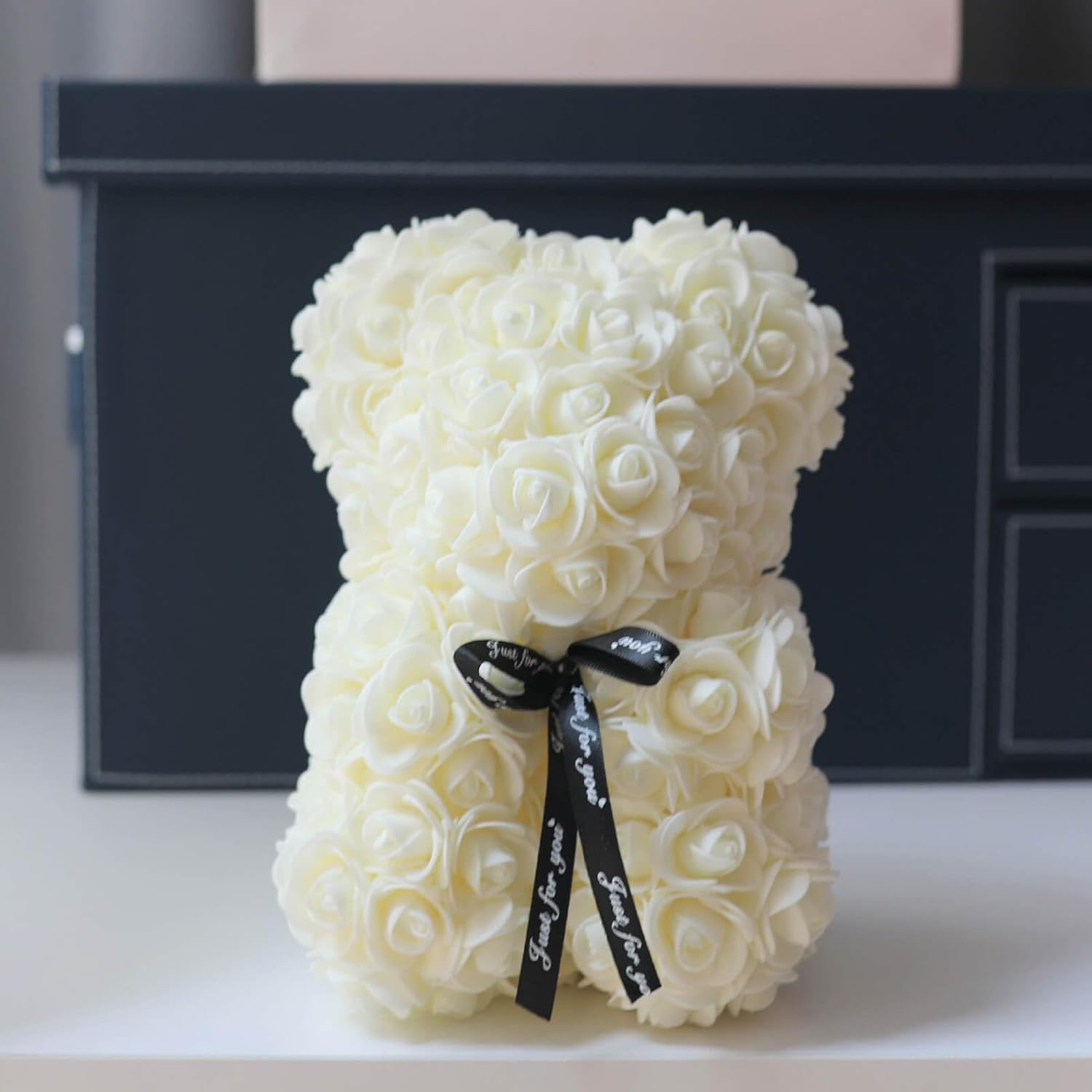 Handmade Rose Teddy Bear With Black Bow Accent-Flower Teddy Bear