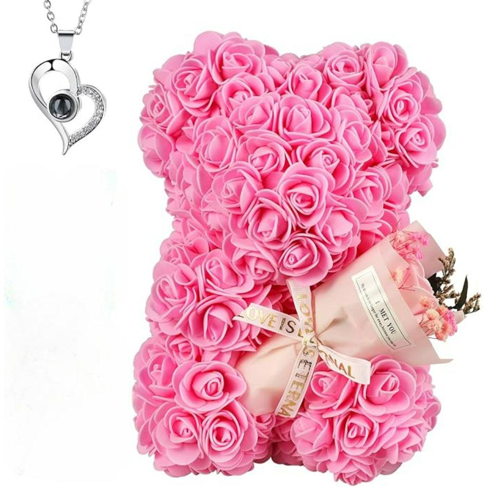 Artificial Rose Bear – Decorative Gift With Keepsake Pendant-Flower Teddy Bear