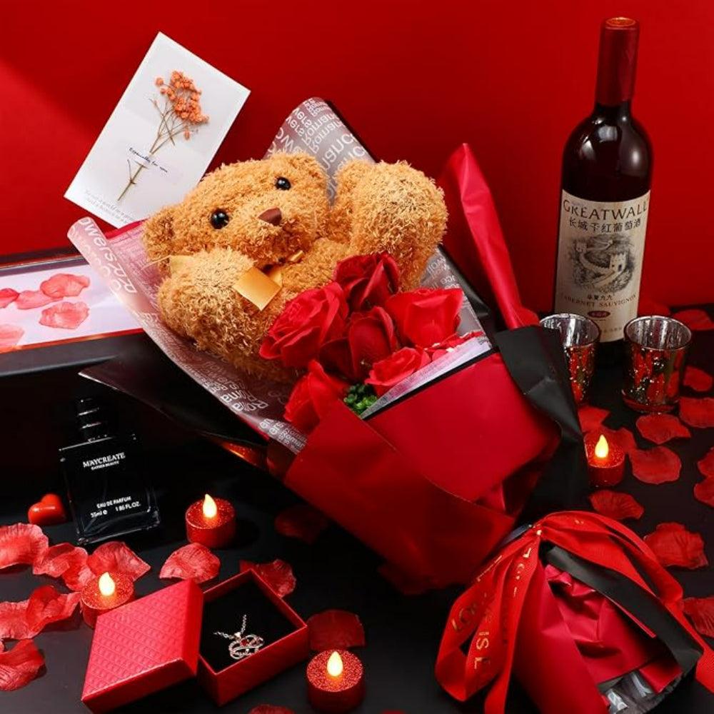 Artificial Flower Bouquet - With Plush Bear And Keepsake Necklace-Flower Teddy Bear