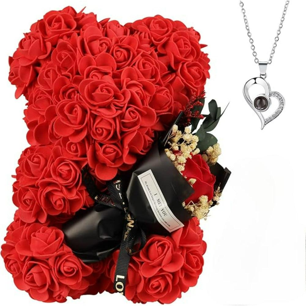 Artificial Rose Bear – Decorative Gift With Keepsake Pendant-Flower Teddy Bear