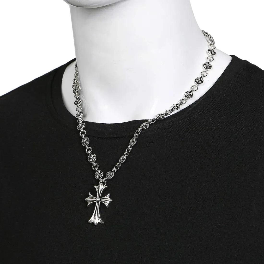 Vintage Silver Cross Necklace-Flower Teddy Bear