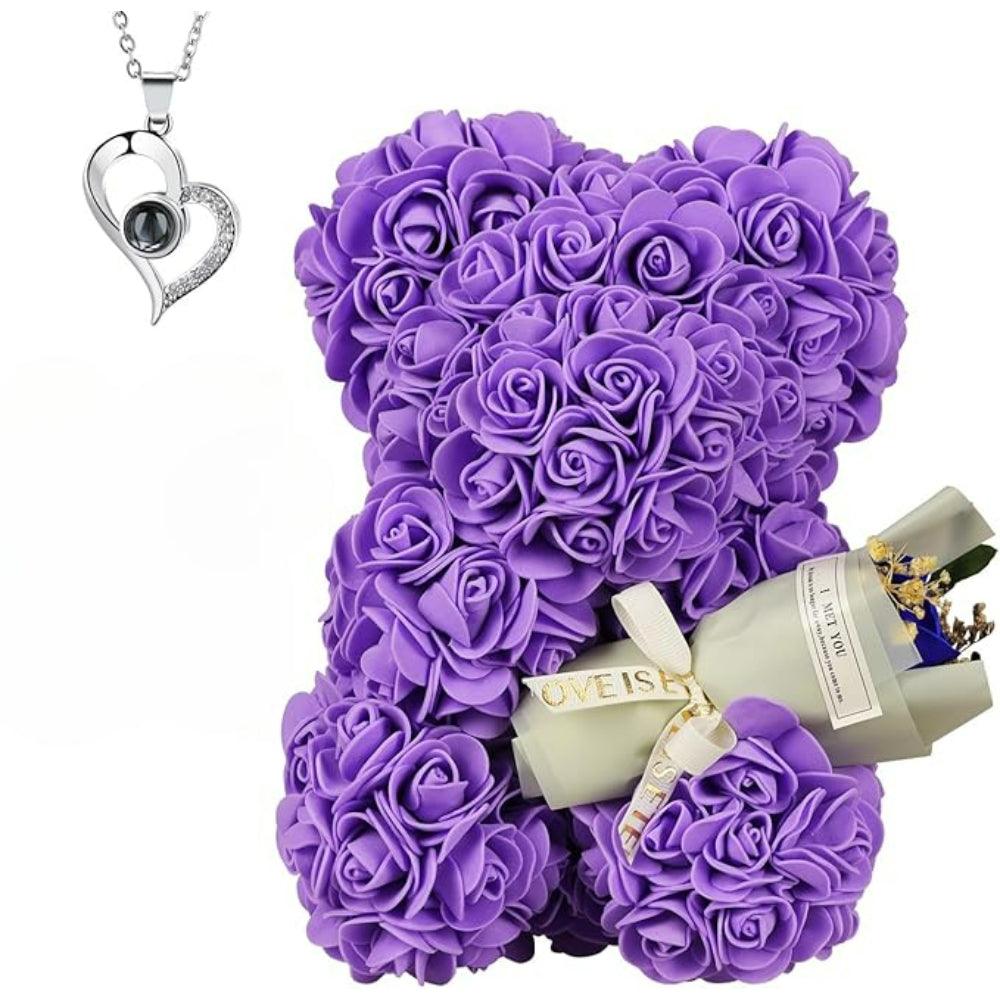Artificial Rose Bear – Decorative Gift With Keepsake Pendant-Flower Teddy Bear