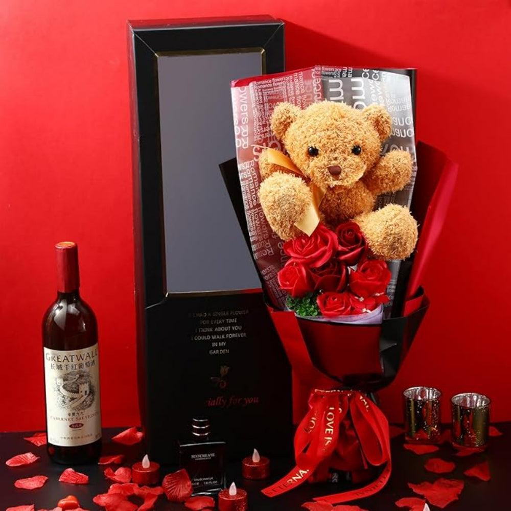 Artificial Flower Bouquet - With Plush Bear And Keepsake Necklace-Flower Teddy Bear