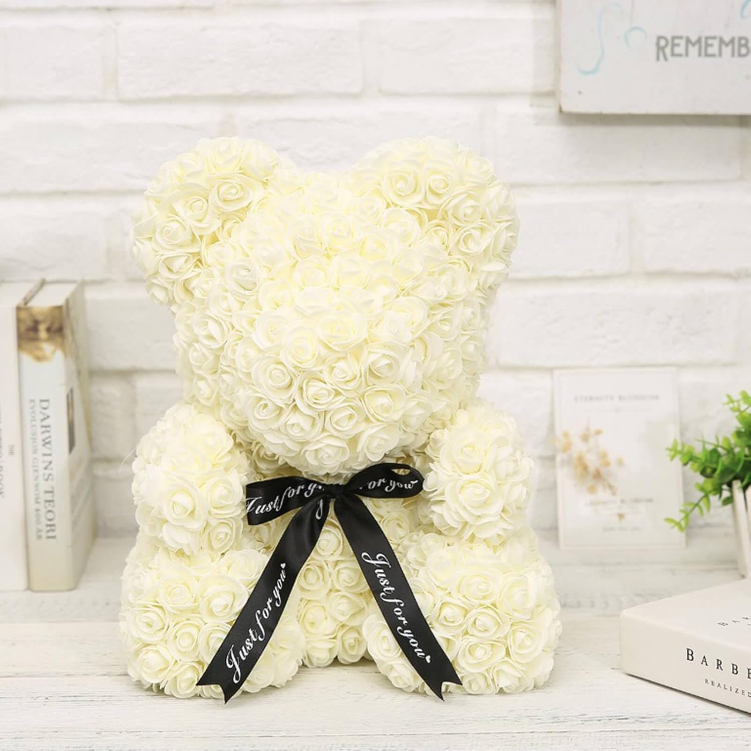 Handmade Rose Teddy Bear With Black Bow Accent-Flower Teddy Bear