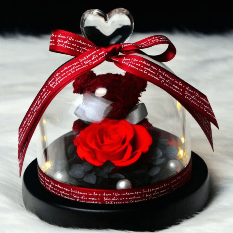 Mini Preserved Rose Bear In A Glass Dome-Flower Teddy Bear
