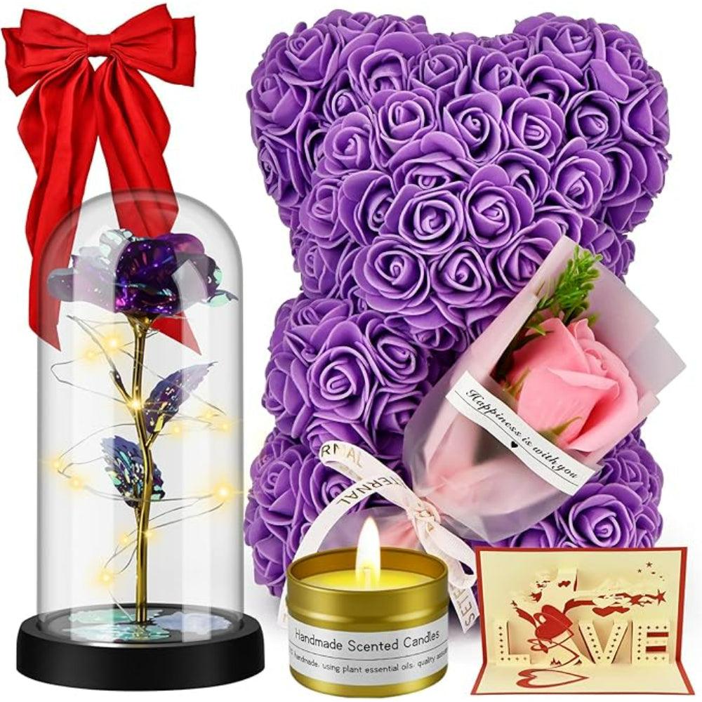 Artificial Flower Bear - 6 In 1 Gift Set With LED Glass Rose-Flower Teddy Bear