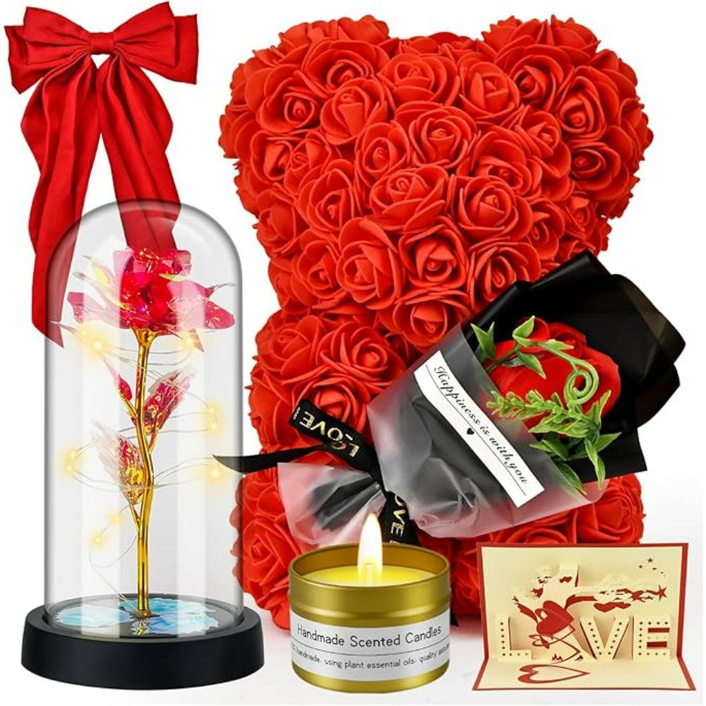 Artificial Flower Bear - 6 In 1 Gift Set With LED Glass Rose-Flower Teddy Bear
