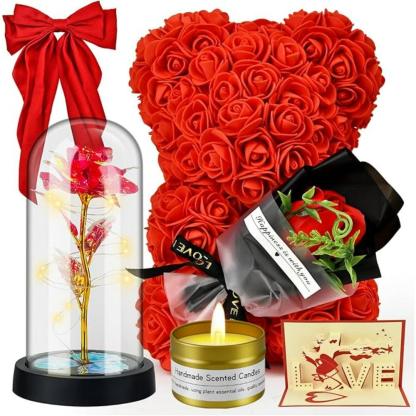 Artificial Flower Bear - 6 In 1 Gift Set With LED Glass Rose-Flower Teddy Bear