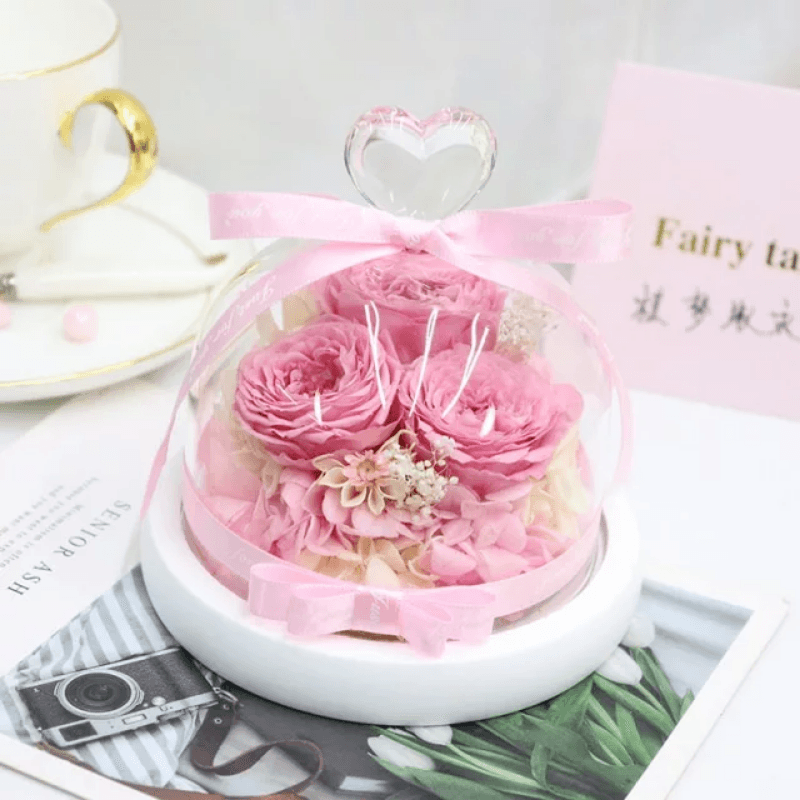 Mini Preserved Rose Bouquet Dome-Flower Teddy Bear