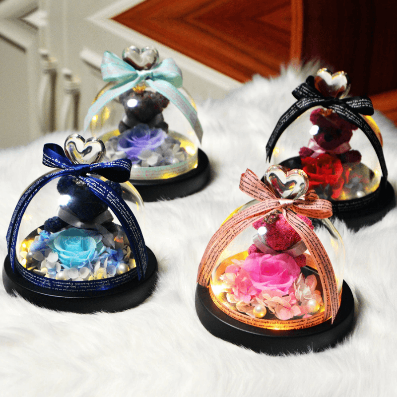 Mini Preserved Rose Bear In A Glass Dome-Flower Teddy Bear