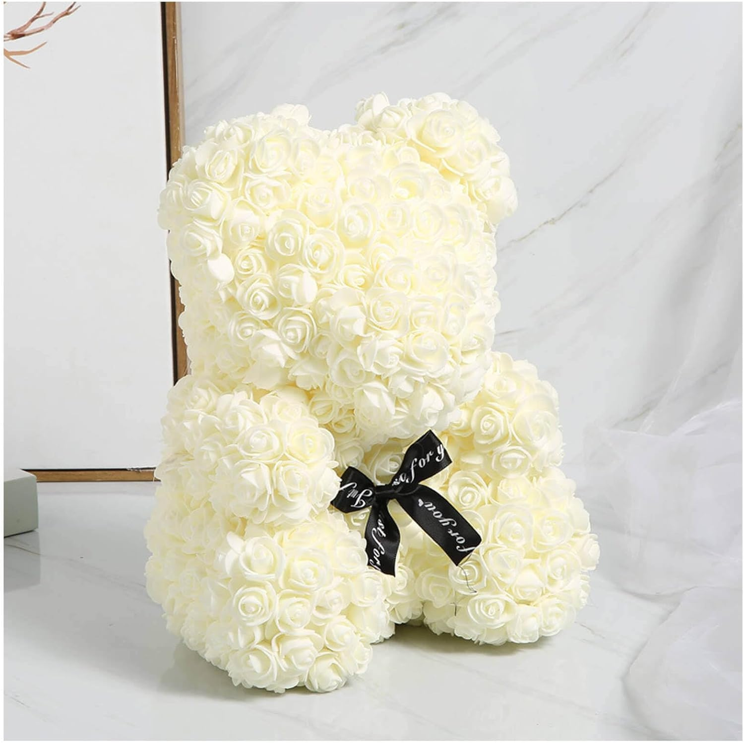 Handmade Rose Teddy Bear With Black Bow Accent-Flower Teddy Bear