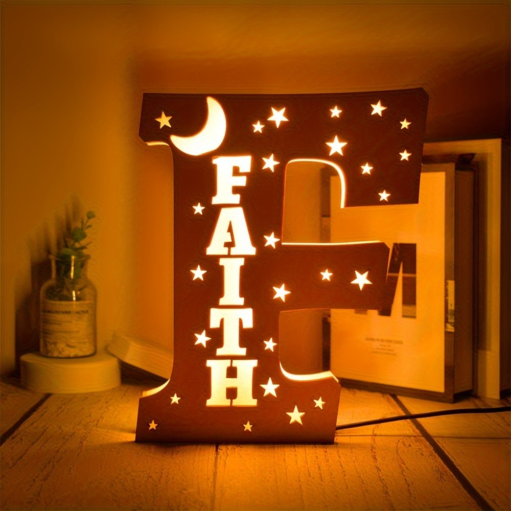 Personalized Wooden Alphabet Night Light With Moon And Star Pattern