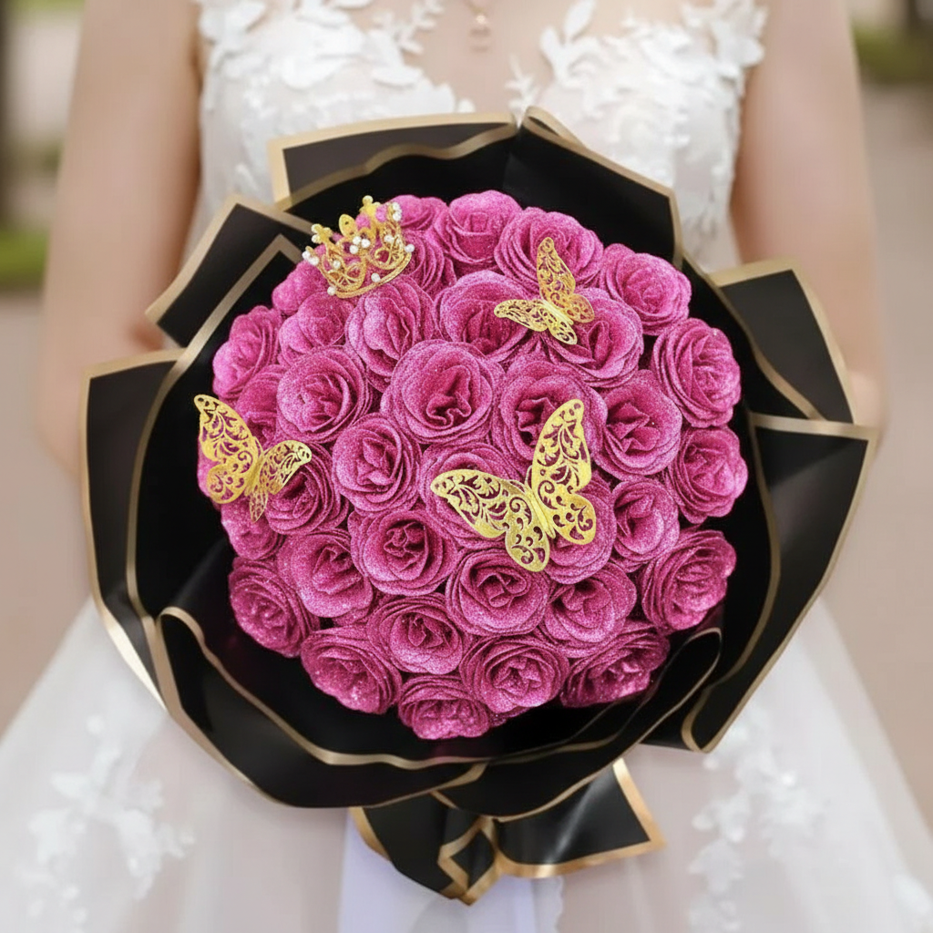 Glitter Rose Bouquet Set with Butterflies