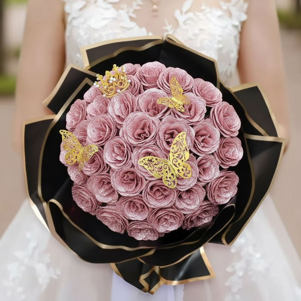 Glitter Rose Bouquet Set with Butterflies