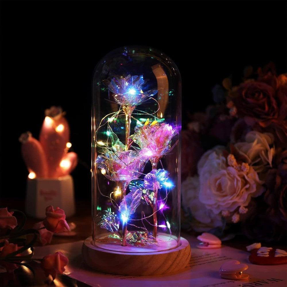 Artificial Roses In Glass Dome With LED Lights-Flower Teddy Bear