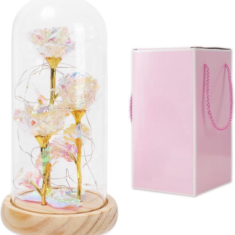 Artificial Roses In Glass Dome With LED Lights-Flower Teddy Bear