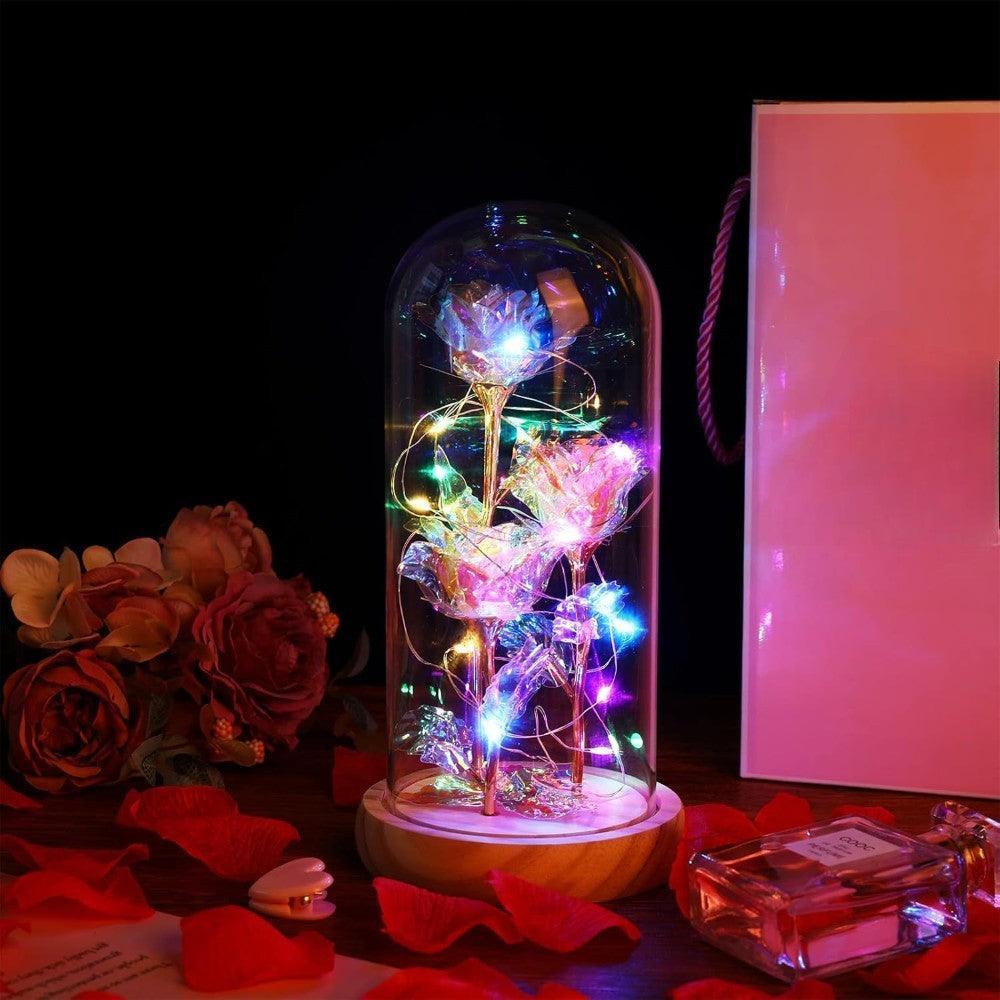 Artificial Roses In Glass Dome With LED Lights-Flower Teddy Bear
