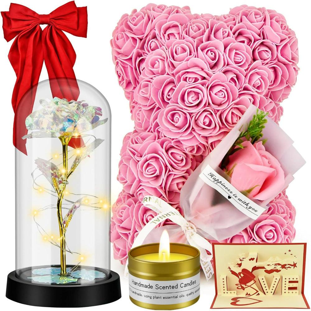 Artificial Flower Bear - 6 In 1 Gift Set With LED Glass Rose-Flower Teddy Bear
