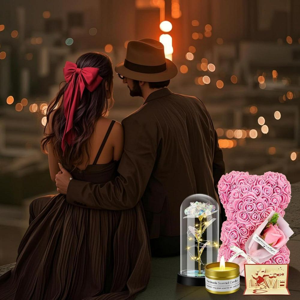 Artificial Flower Bear - 6 In 1 Gift Set With LED Glass Rose-Flower Teddy Bear