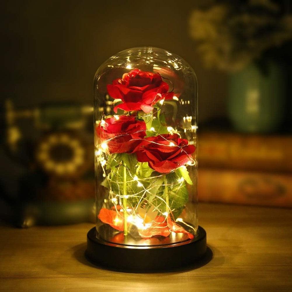 Silk Rose Glass Dome-Flower Teddy Bear
