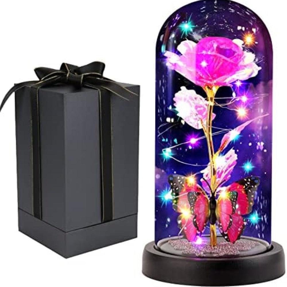 Light Up Forever Rose In Glass Dome-Flower Teddy Bear