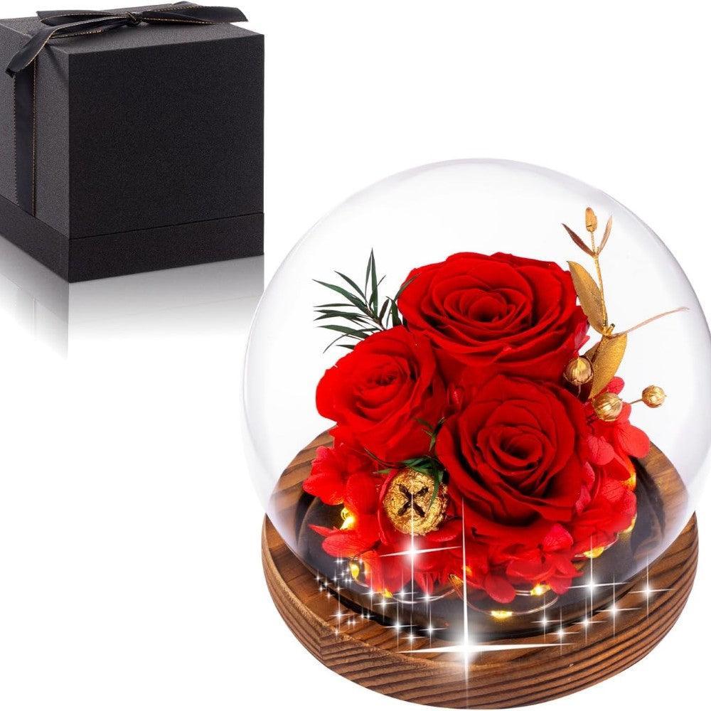 Preserved Rose In Glass Dome With LED Light-Flower Teddy Bear