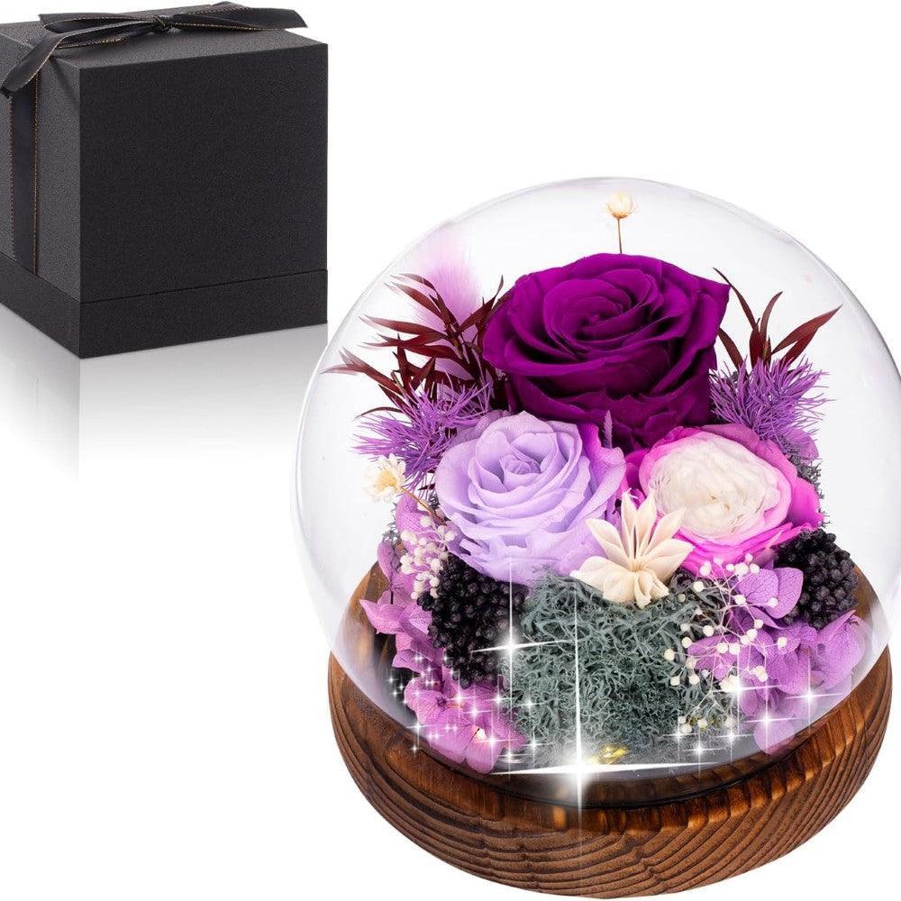 Preserved Rose In Glass Dome With LED Light-Flower Teddy Bear