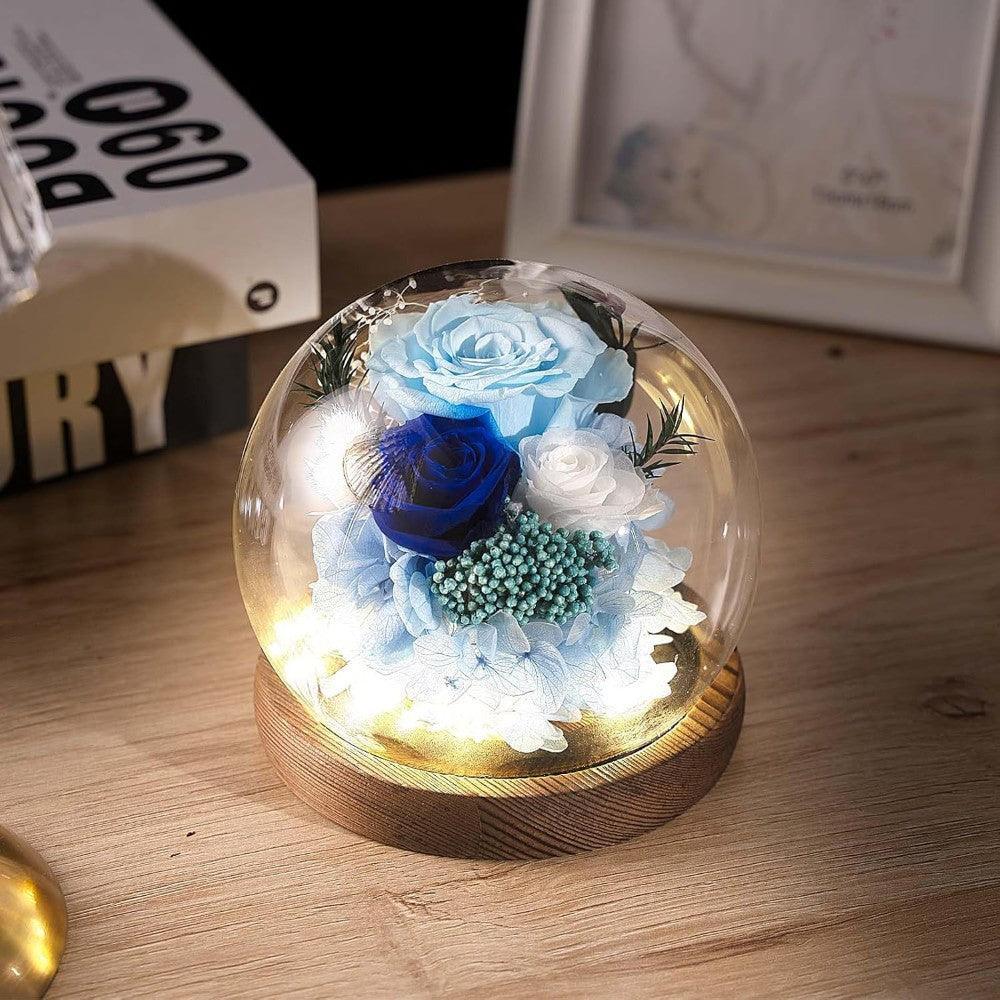 Preserved Rose In Glass Dome With LED Light-Flower Teddy Bear