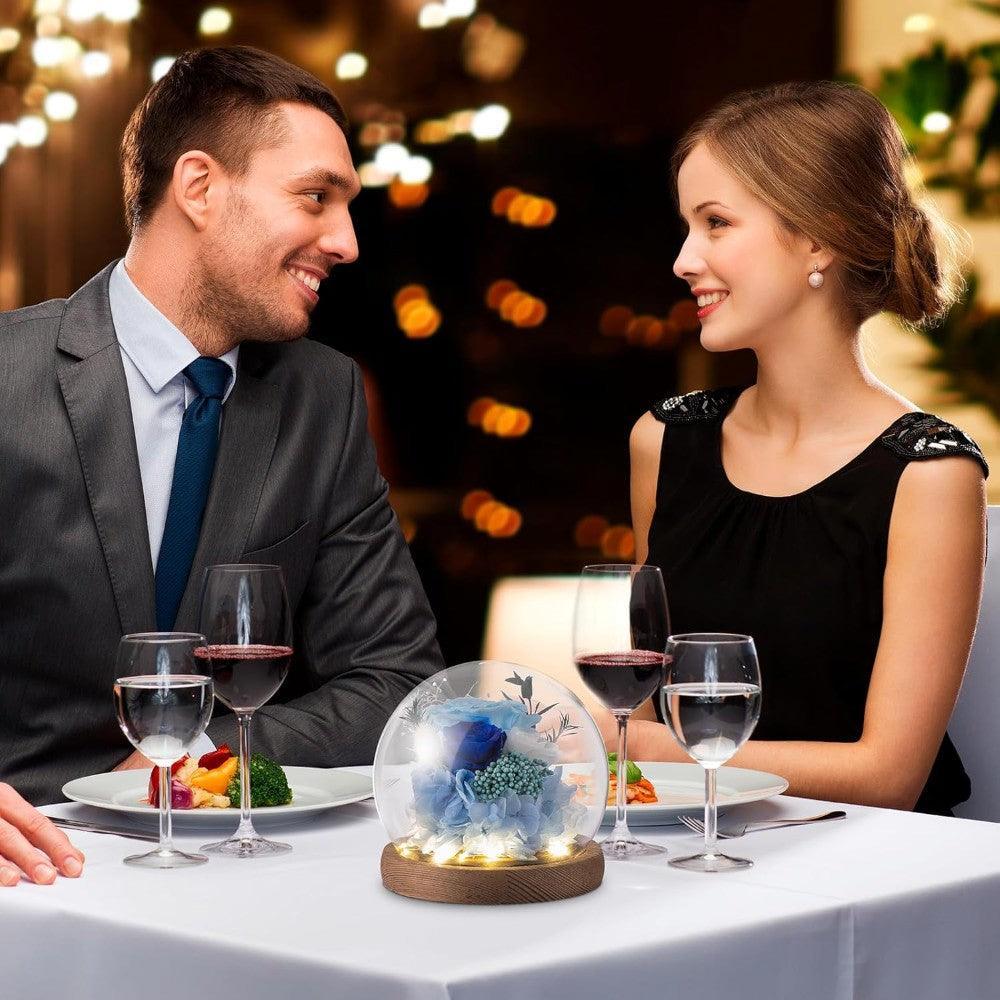 Preserved Rose In Glass Dome With LED Light-Flower Teddy Bear