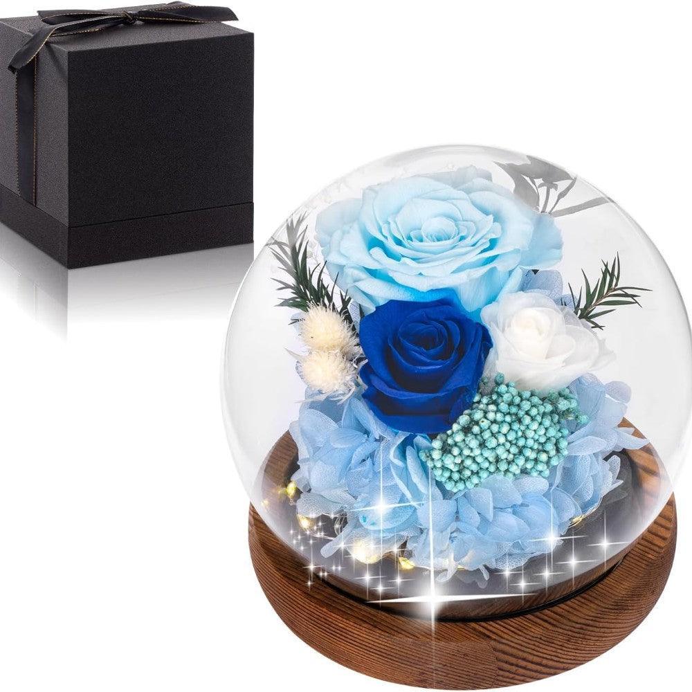 Preserved Rose In Glass Dome With LED Light-Flower Teddy Bear