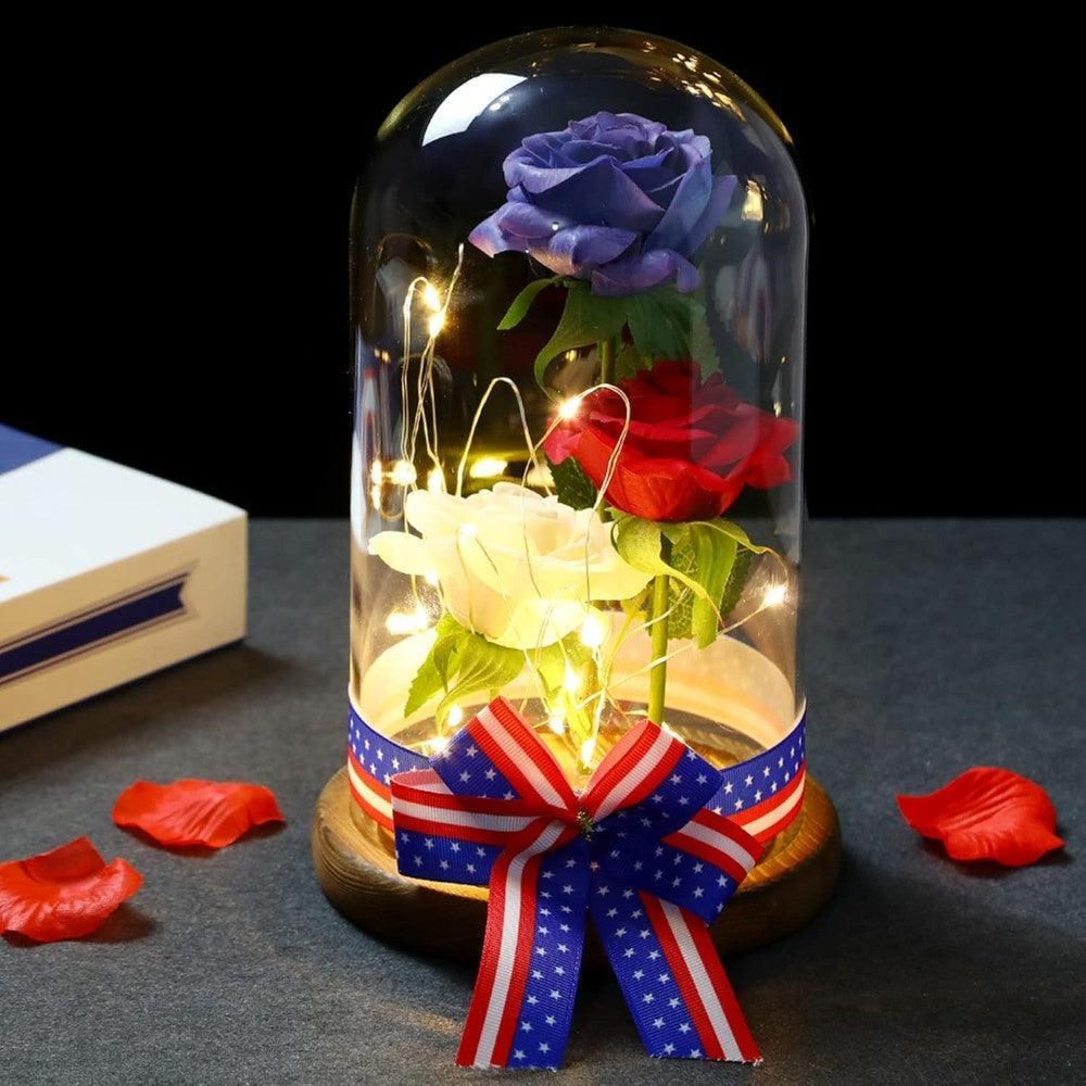 Silk Rose With LED Lighting In Glass Dome-Flower Teddy Bear