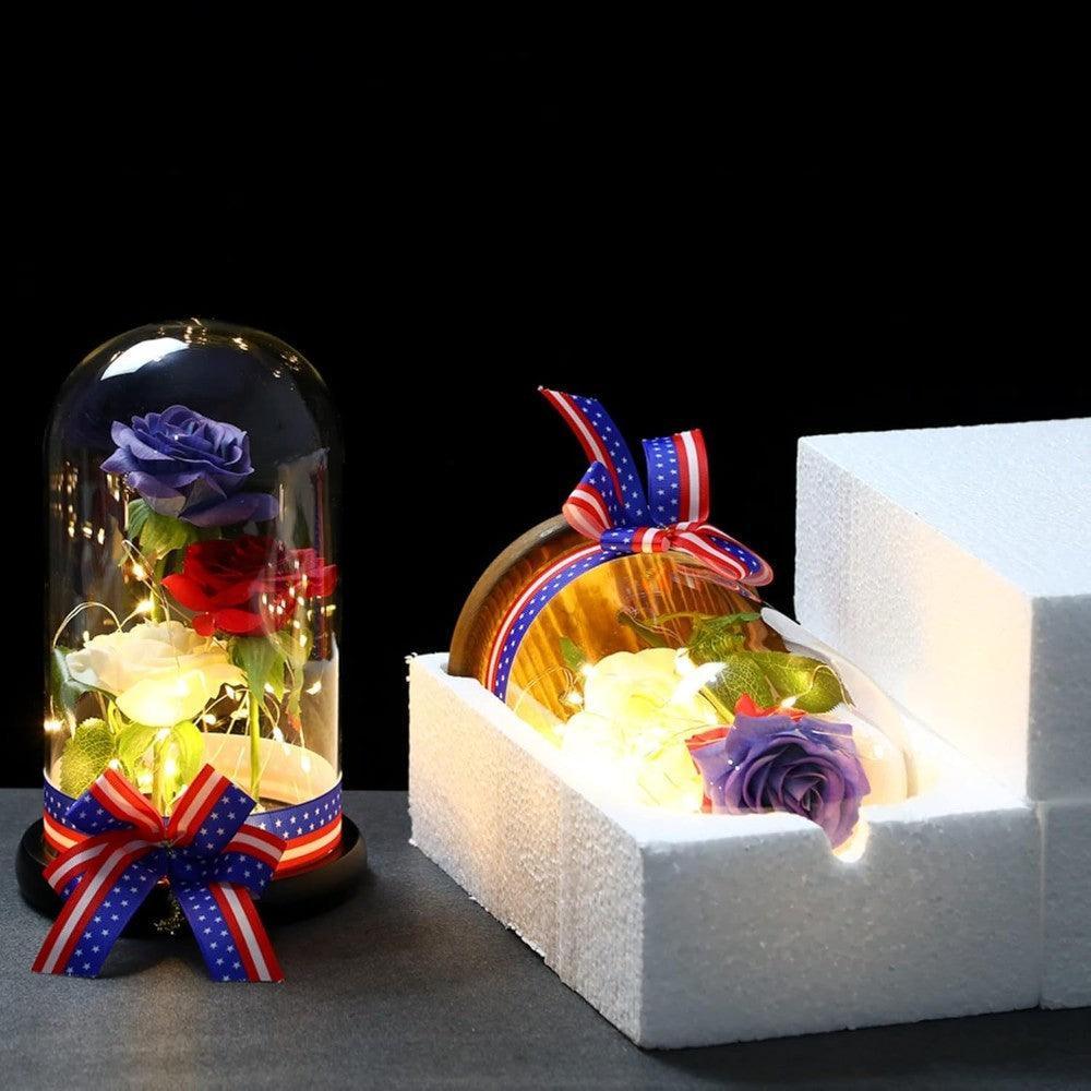 Silk Rose With LED Lighting In Glass Dome-Flower Teddy Bear