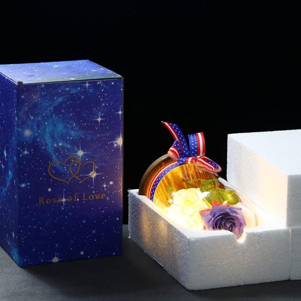 Silk Rose With LED Lighting In Glass Dome-Flower Teddy Bear