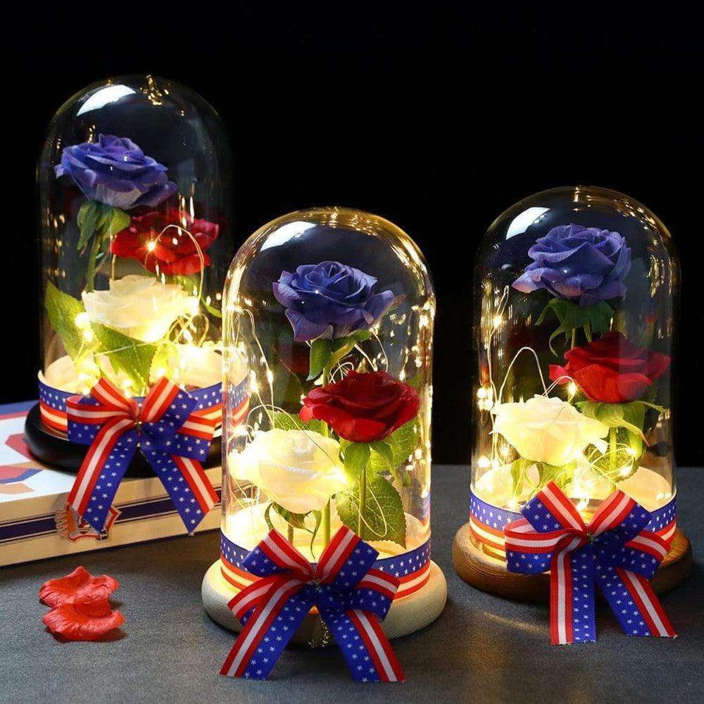 Silk Rose With LED Lighting In Glass Dome-Flower Teddy Bear