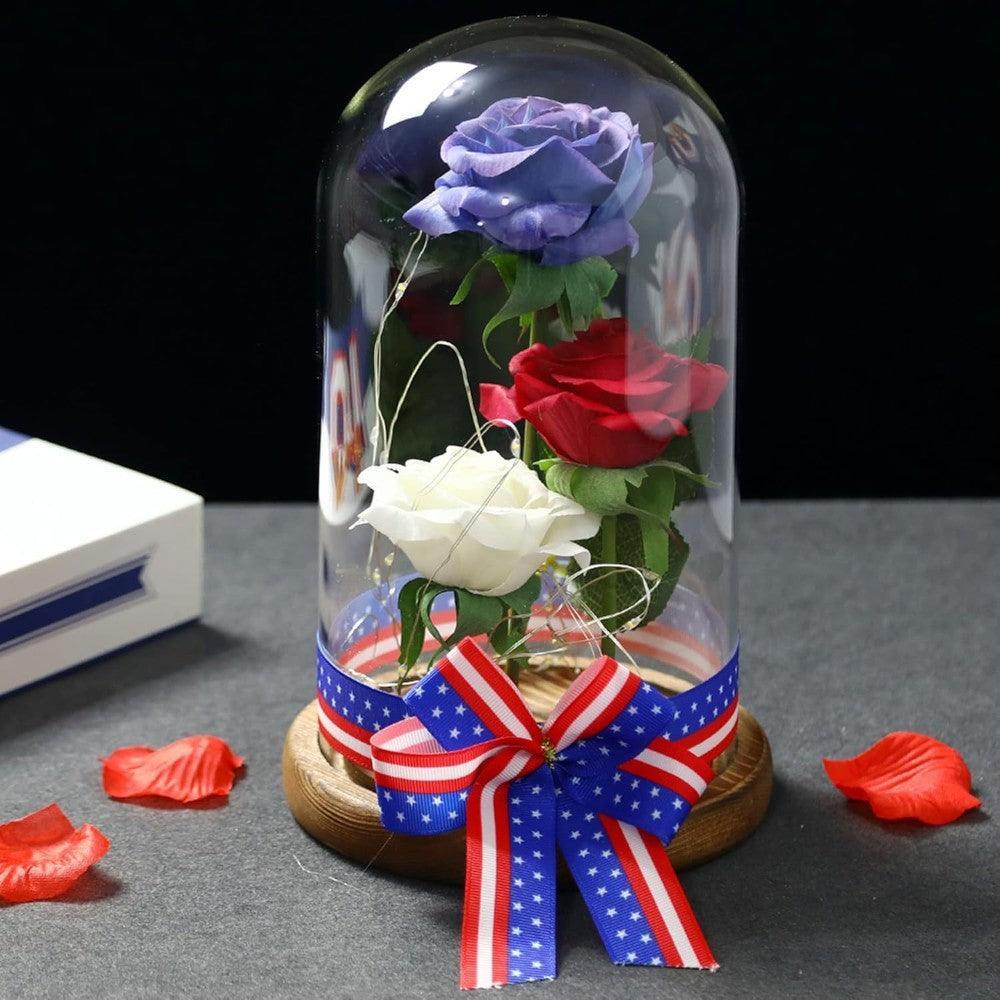 Silk Rose With LED Lighting In Glass Dome-Flower Teddy Bear